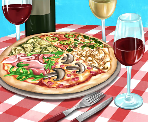 Editorial illustration of Pizza with Wine