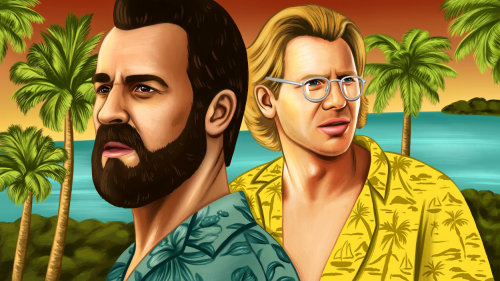 Portrait paining of Harrison Ford and now Justin Theroux for The Ringer