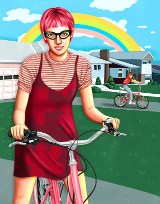 Pintura de retrato de menina com bicicleta