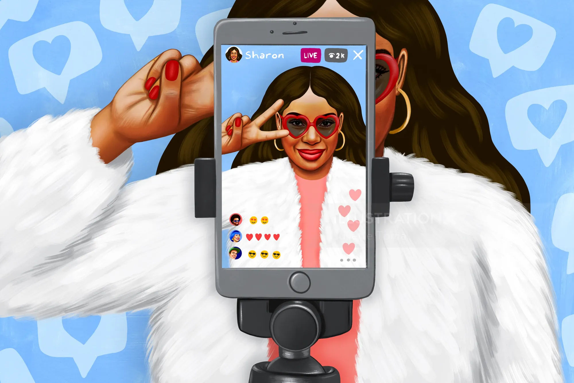 Woman with heart-shaped glasses live streaming on social media by Juliette Toma