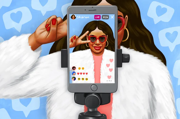 Woman with heart-shaped glasses live streaming on social media by Juliette Toma