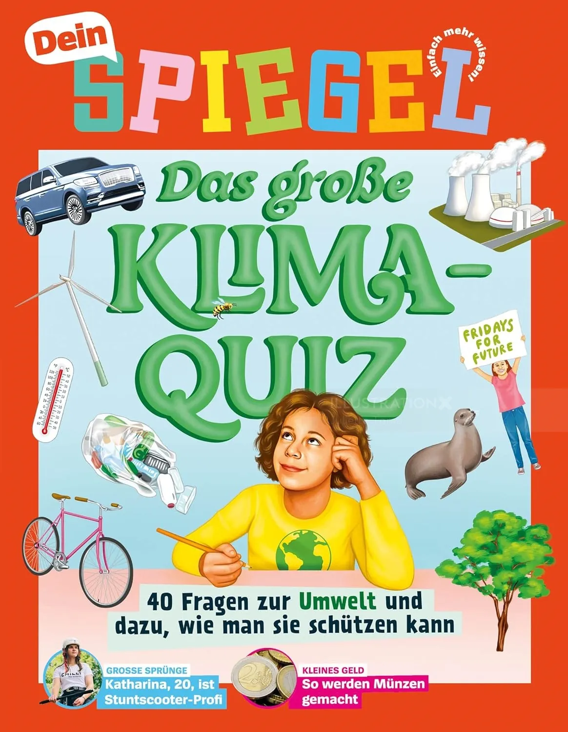 Climate quiz book cover with child, bicycle, thermometer, and environmental icons
