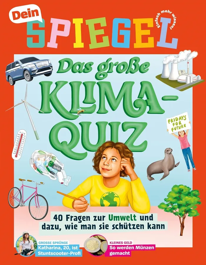 Climate quiz book cover with child, bicycle, thermometer, and environmental icons