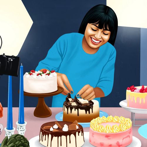 Woman styling cakes on film set by Juliette Toma