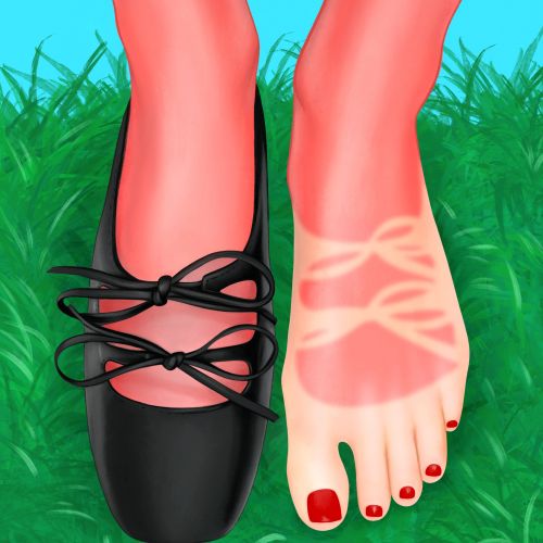 Feet with black ballet flat on one foot and bare foot with shoe tan lines