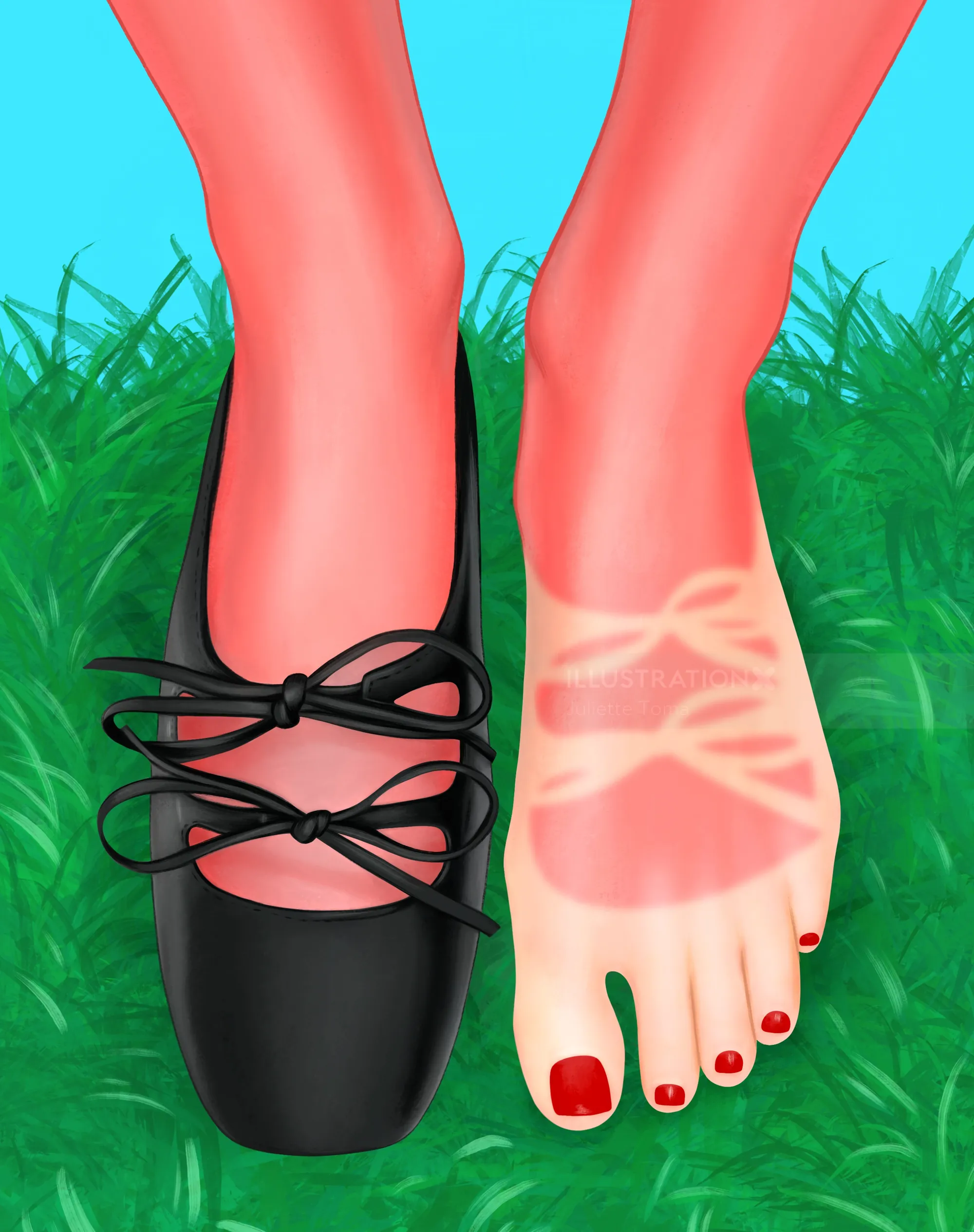 Feet with black ballet flat on one foot and bare foot with shoe tan lines