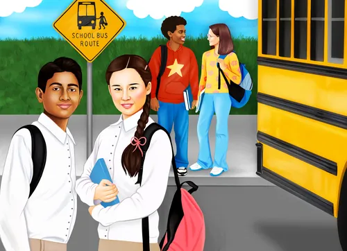 Students standing near a school bus stop with backpacks