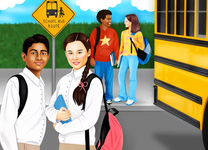 Students standing near a school bus stop with backpacks