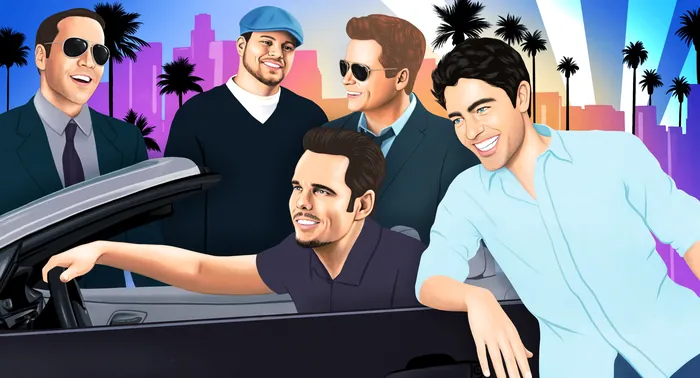 Group of five men smiling by car with city and palm trees background