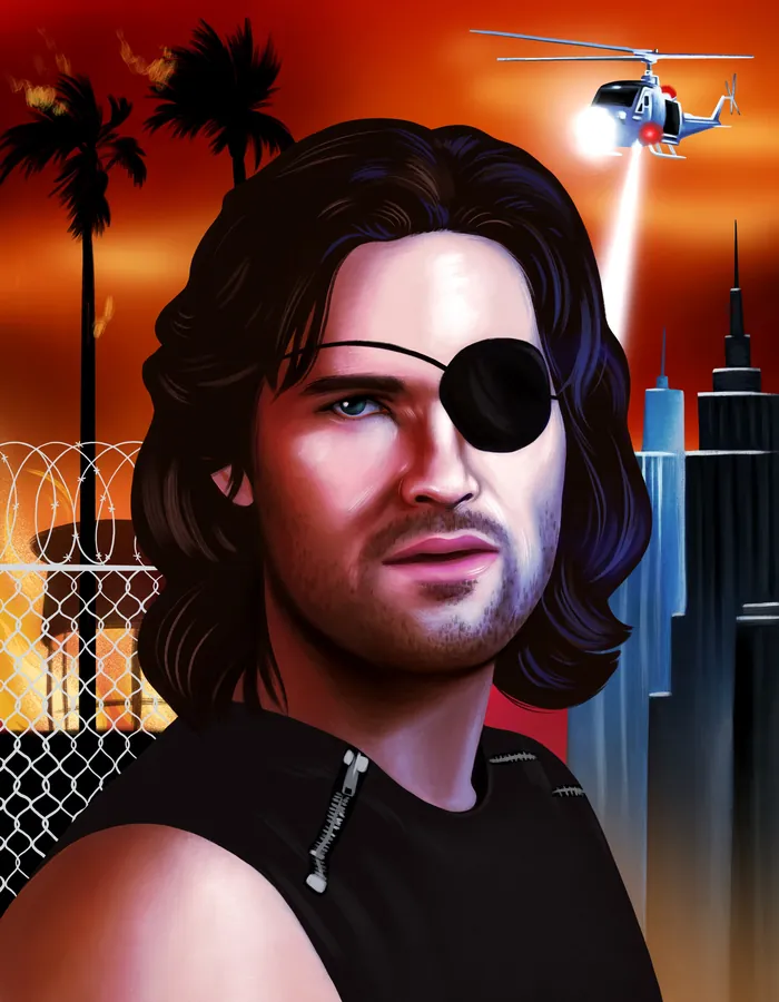 Man with eyepatch and long hair with helicopter and city skyline at sunset