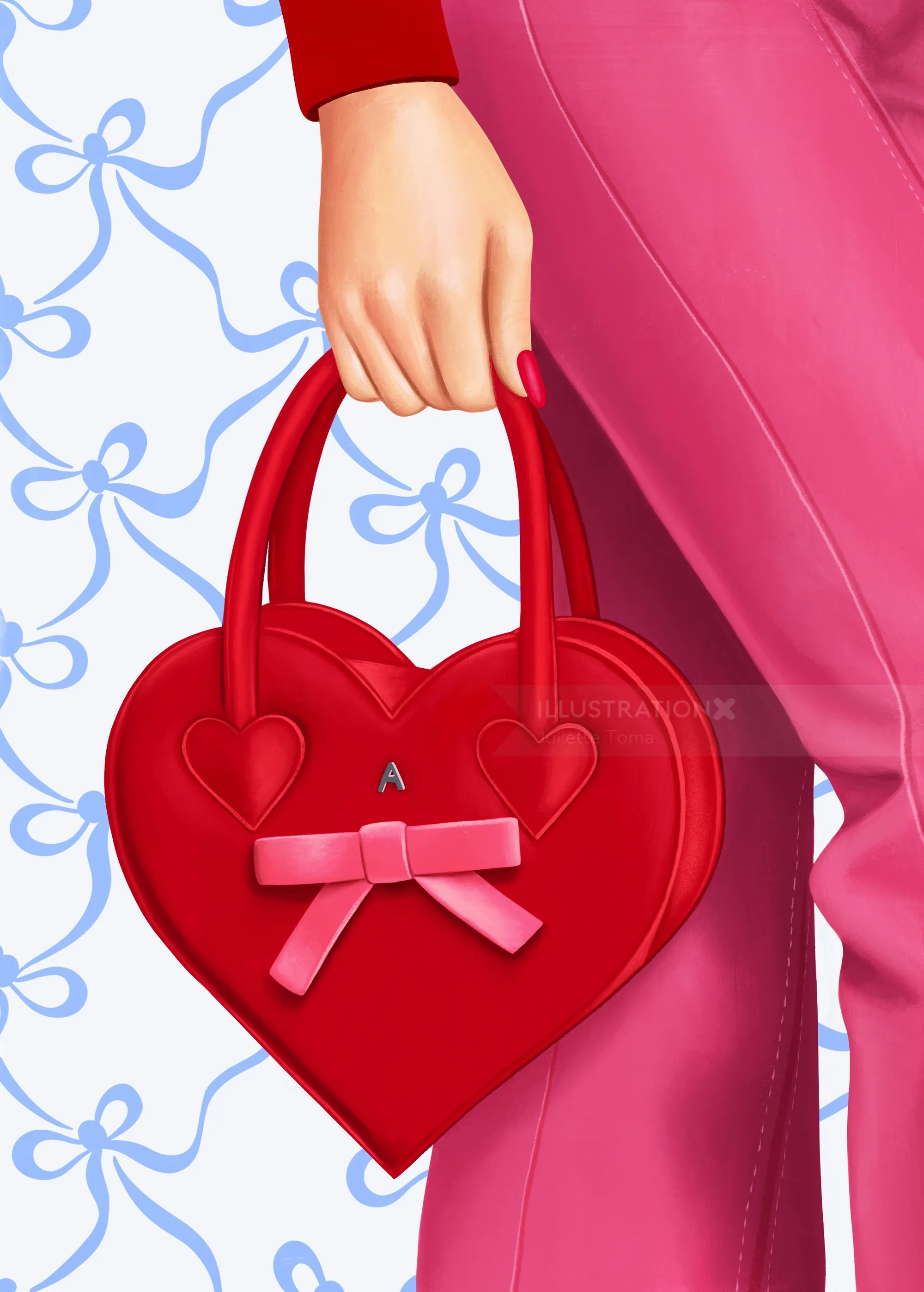 Hand holding red heart-shaped handbag with pink bow detail.