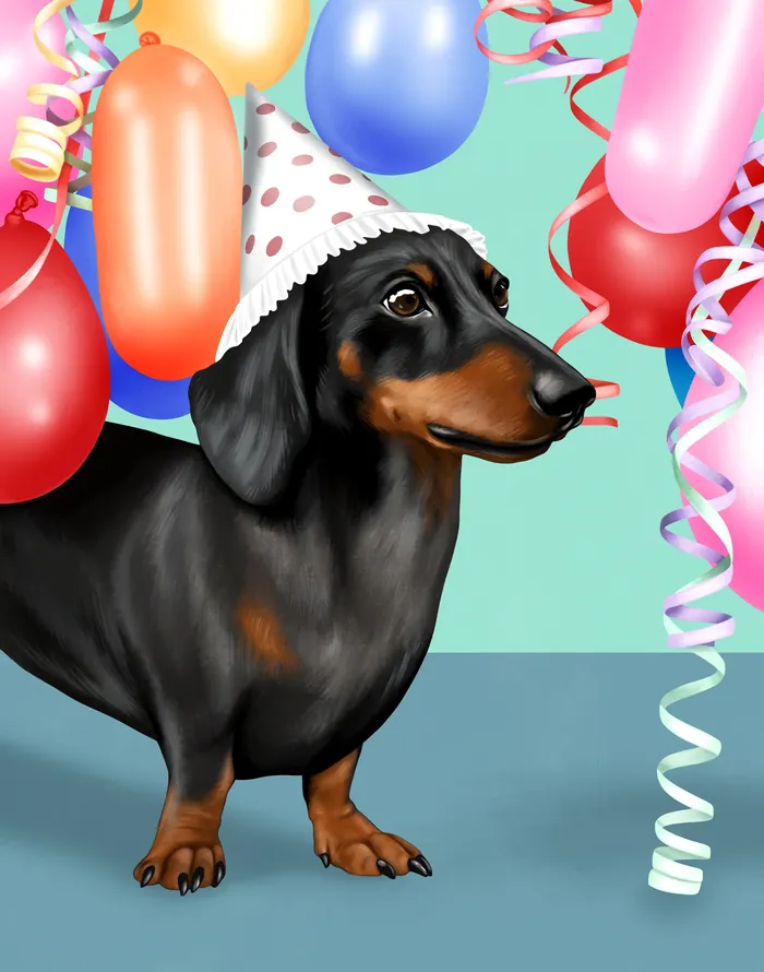 Black dachshund in party hat with balloons and streamers