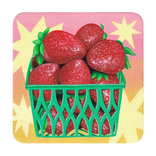 Basket filled with fresh red strawberries on a colorful background