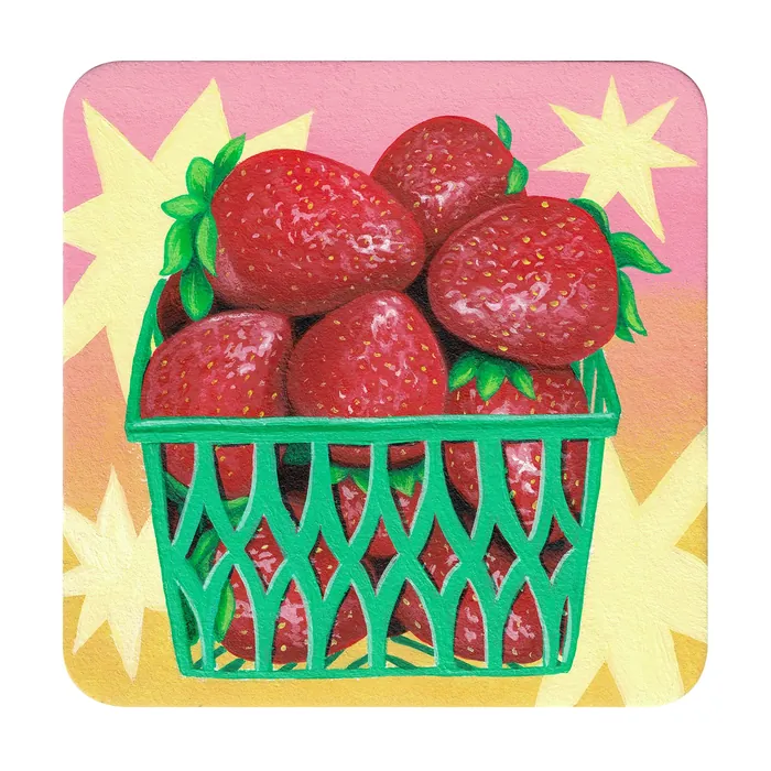 Basket filled with fresh red strawberries on a colorful background