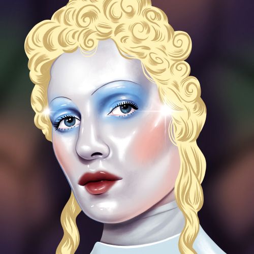Close-up digital illustration of woman with blonde hair and blue eyeshadow