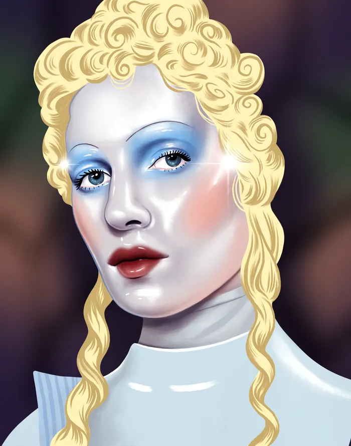 Close-up digital illustration of woman with blonde hair and blue eyeshadow