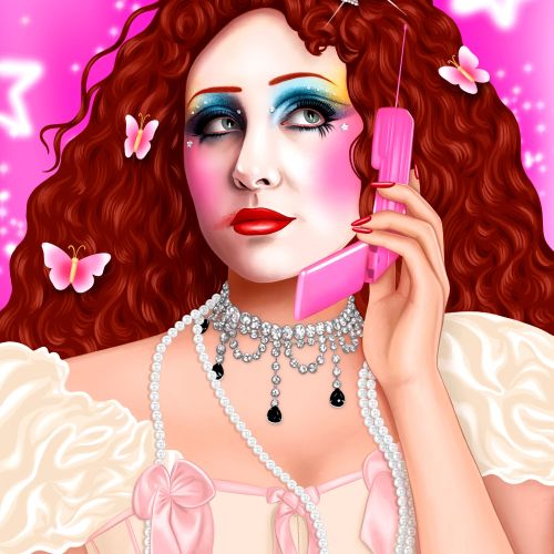 Red-haired woman with tiara and bright makeup holding a pink phone