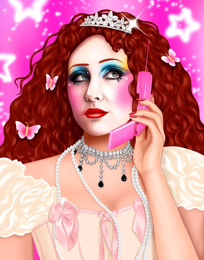 Red-haired woman with tiara and bright makeup holding a pink phone