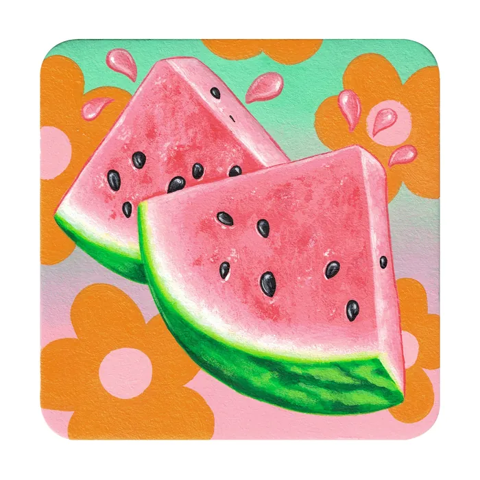Two watercolor watermelon slices with seeds and pink juice drops