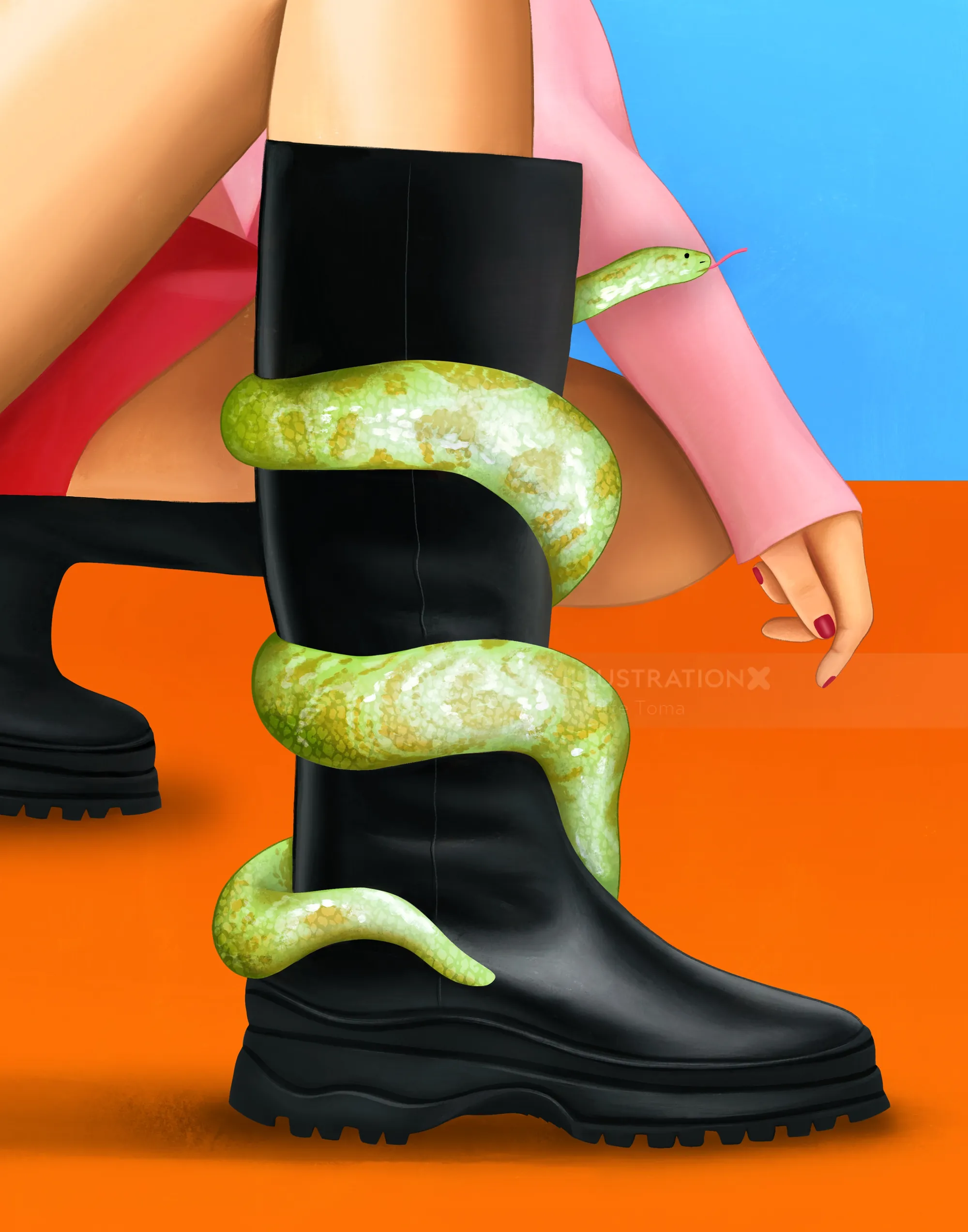 Green snake wrapped around black boot with person wearing pink sleeve