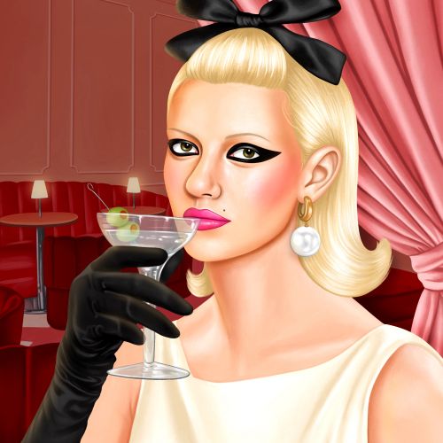 Blonde woman with black bow and gloves holding a cocktail glass