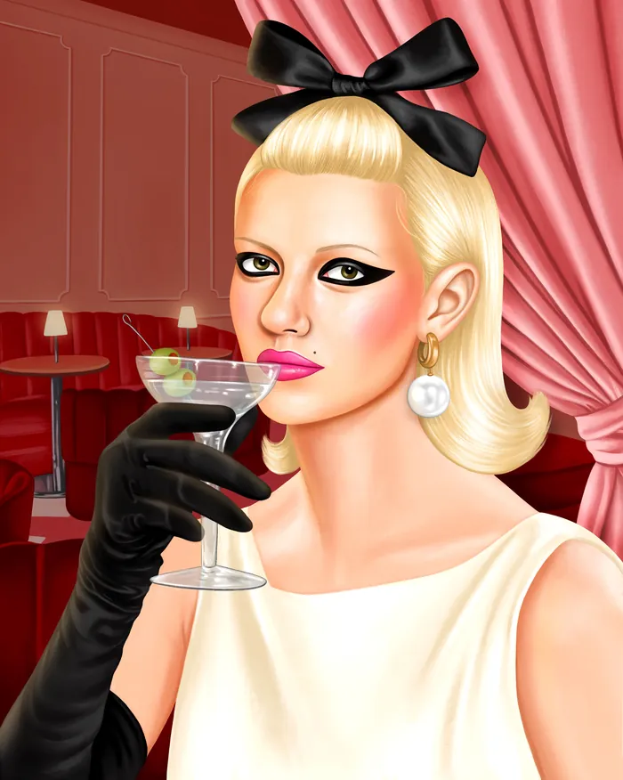 Blonde woman with black bow and gloves holding a cocktail glass
