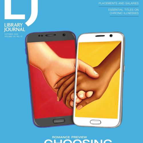Two hands holding through smartphone screens on a magazine cover.