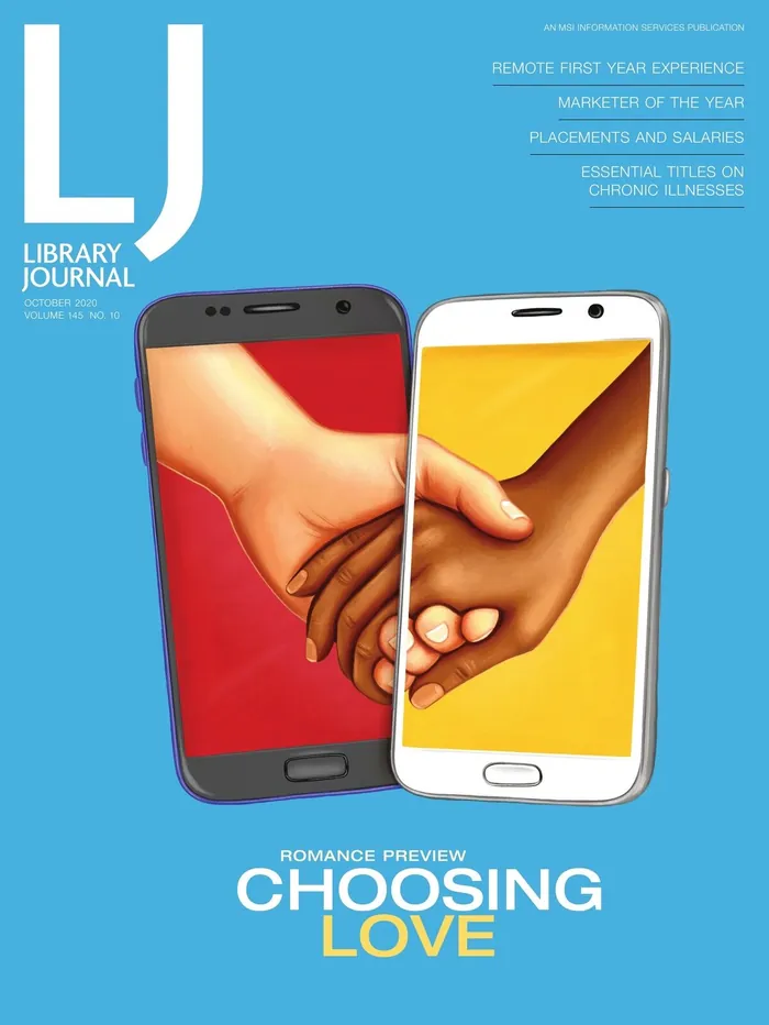 Two hands holding through smartphone screens on a magazine cover.