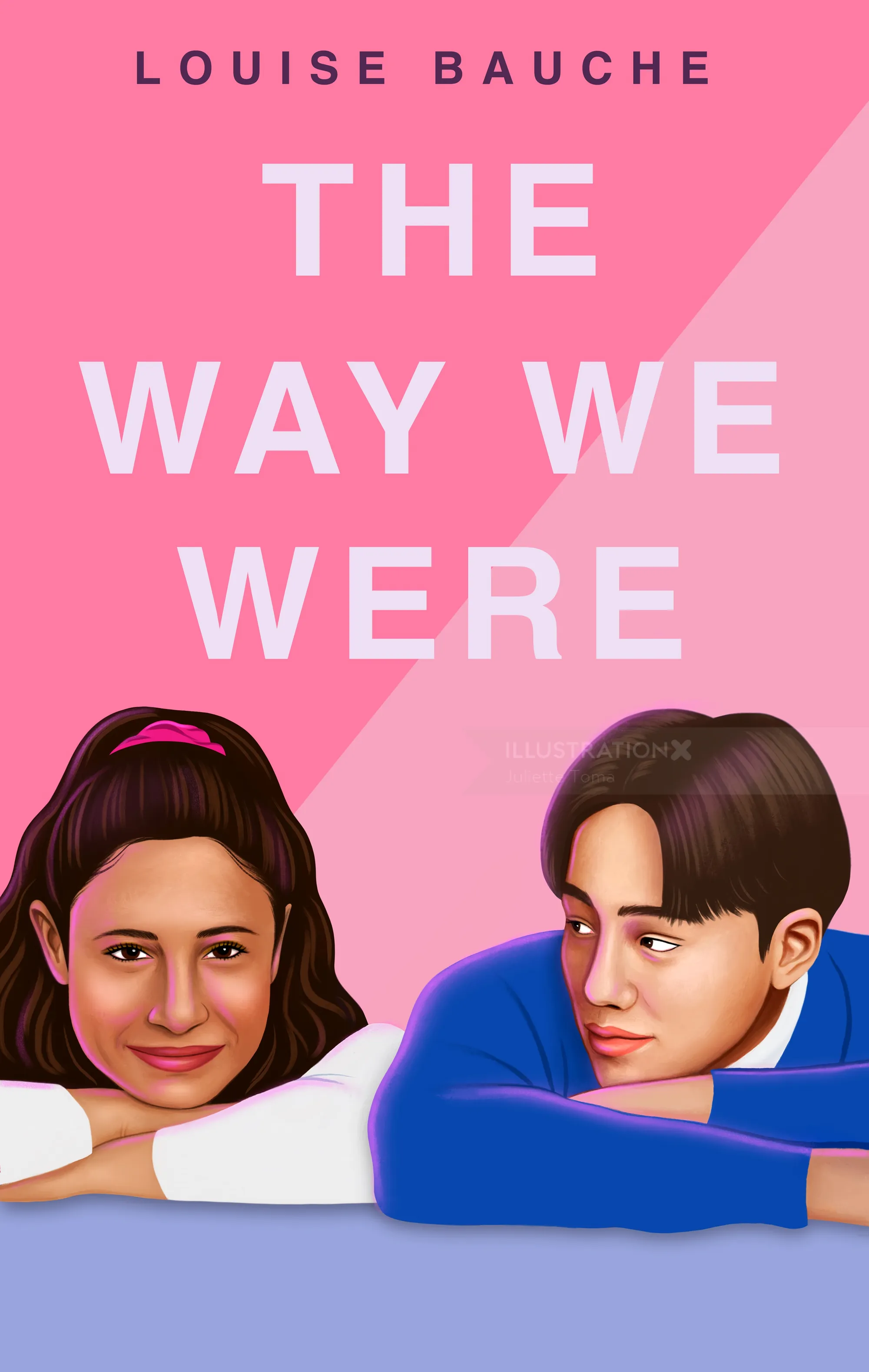Young couple leaning on arms with pink background, smiling and looking at each other.