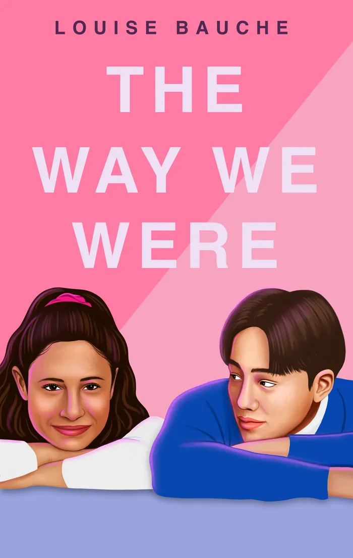 Young couple leaning on arms with pink background, smiling and looking at each other.
