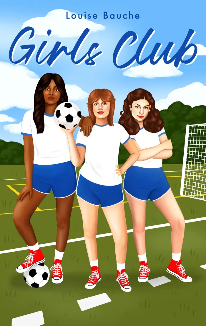 Three girls in white shirts and blue shorts on soccer field with ball.