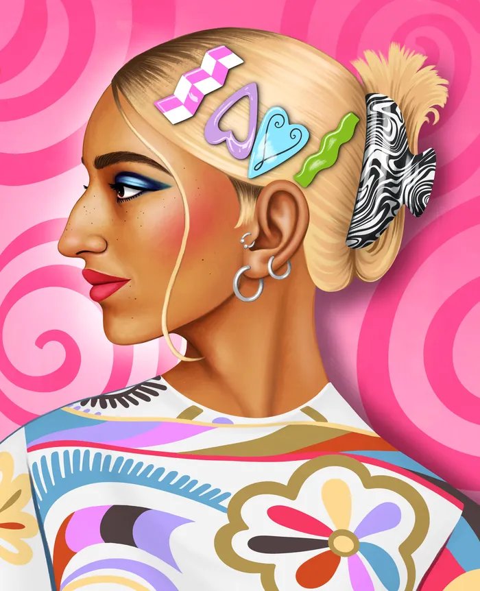 Woman's side profile with blonde hair, colorful clips, and patterned shirt