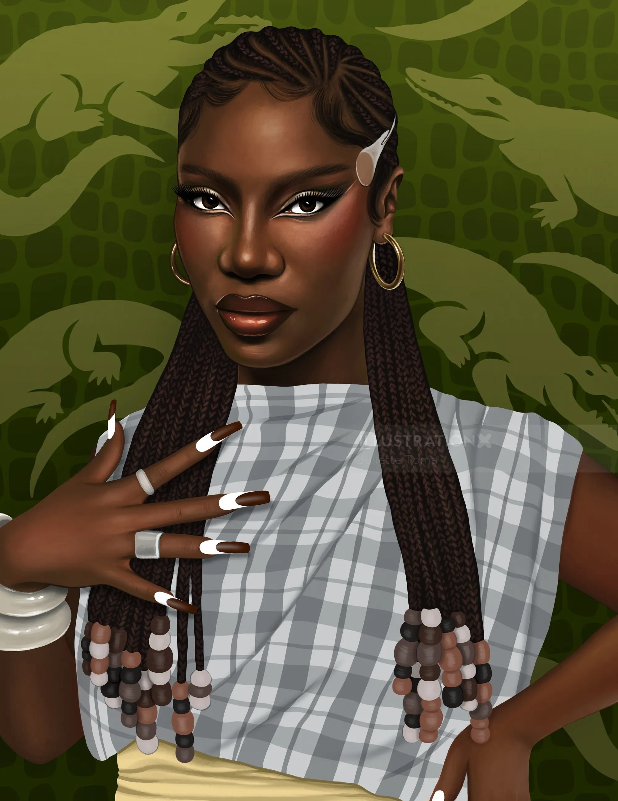 Portrait of a confident woman with long braids and patterned outfit on green backdrop