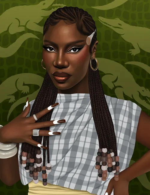 Portrait of a confident woman with long braids and patterned outfit on green backdrop