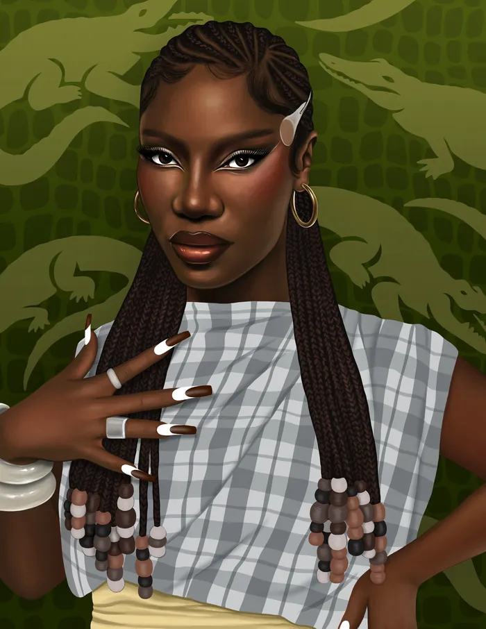 Portrait of a confident woman with long braids and patterned outfit on green backdrop