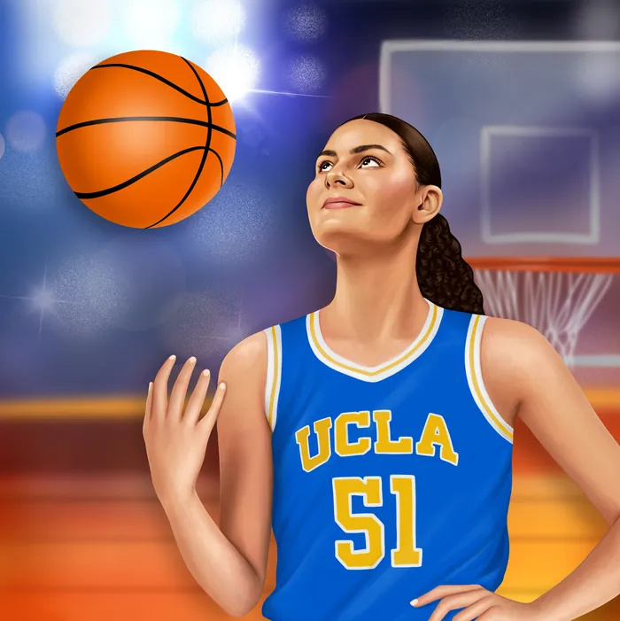 Woman in UCLA basketball uniform holding ball on court