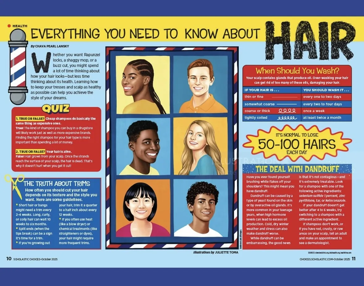 Illustration showing diverse people and hair facts for Scholastic by Juliette Toma