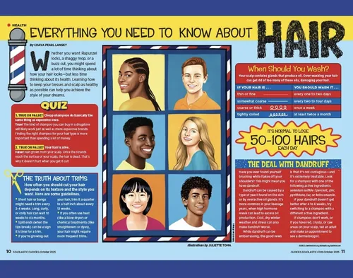 Illustration showing diverse people and hair facts for Scholastic by Juliette Toma