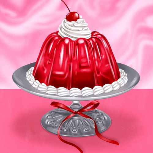 Juliette Toma illustration of a red cherry gelatin dessert on a silver platter