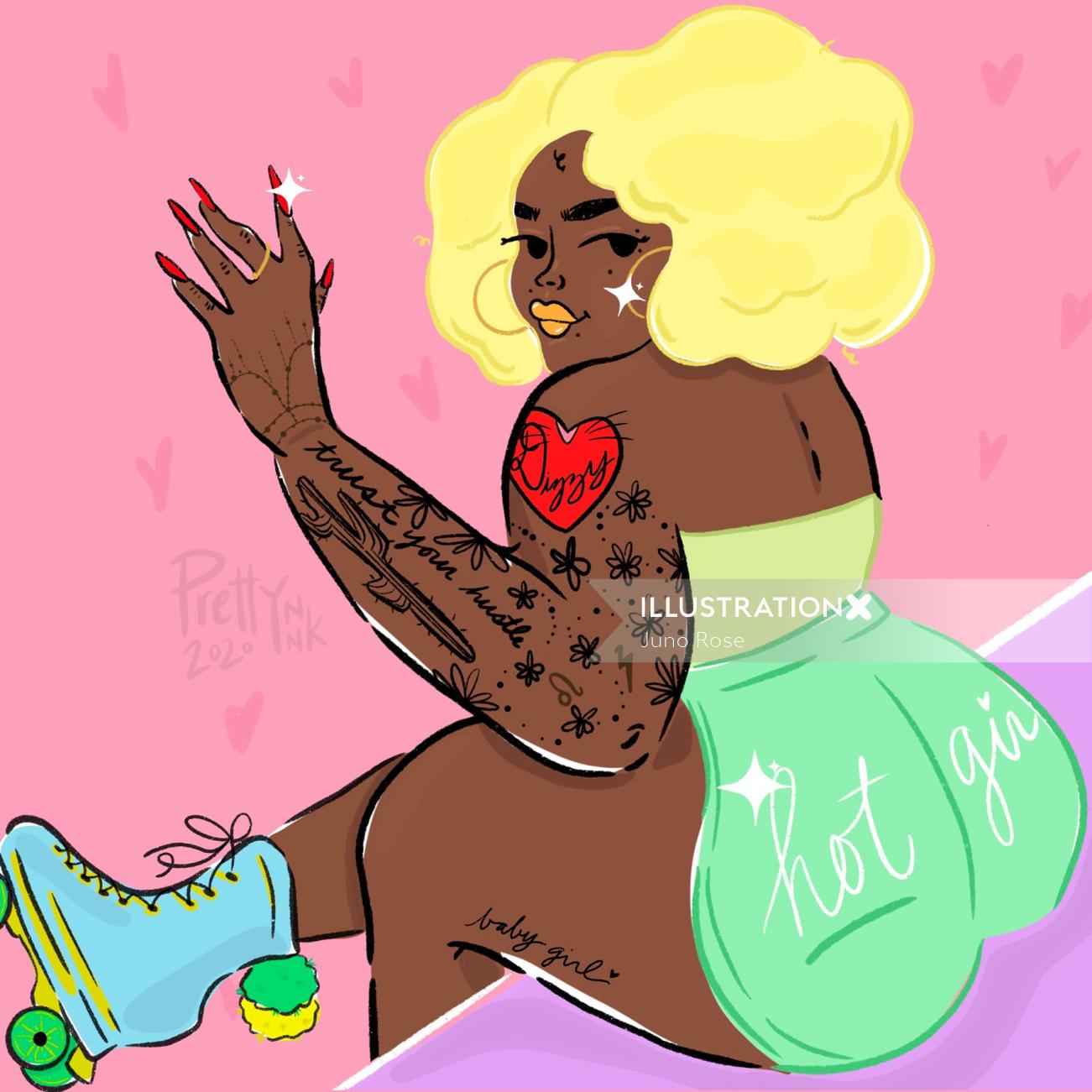 Hot girl with skating shoes line and color art