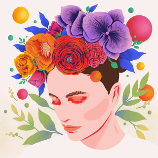 Ilustración gráfica de corona floral con colores vibrantes y caprichosa