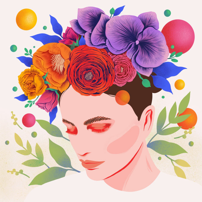 Graphic illustration of floral crown with vibrant colours & whimsical