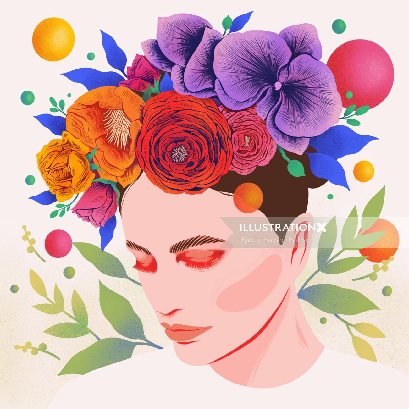 Ilustración gráfica de corona floral con colores vibrantes y caprichosa