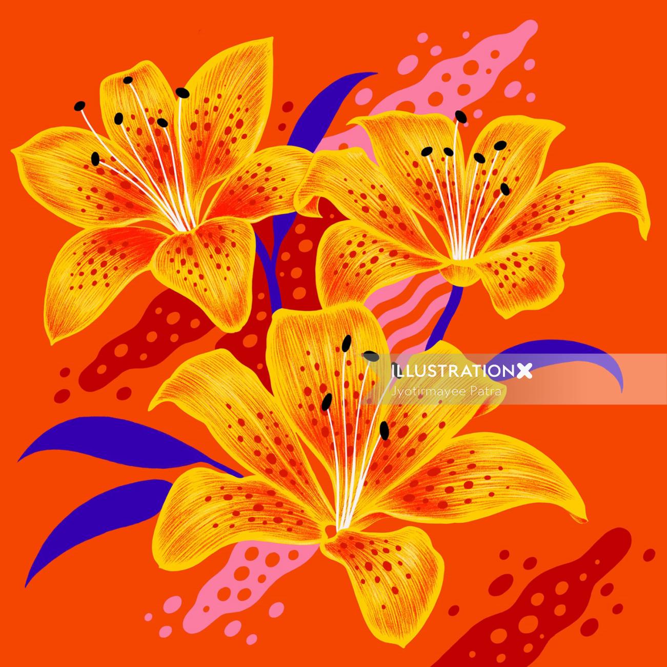 Tigerlily flores con colores vibrantes y texturas gráficas.