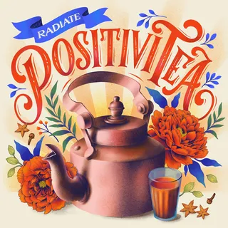 A cup and kettle lettering theme Positivi Tea