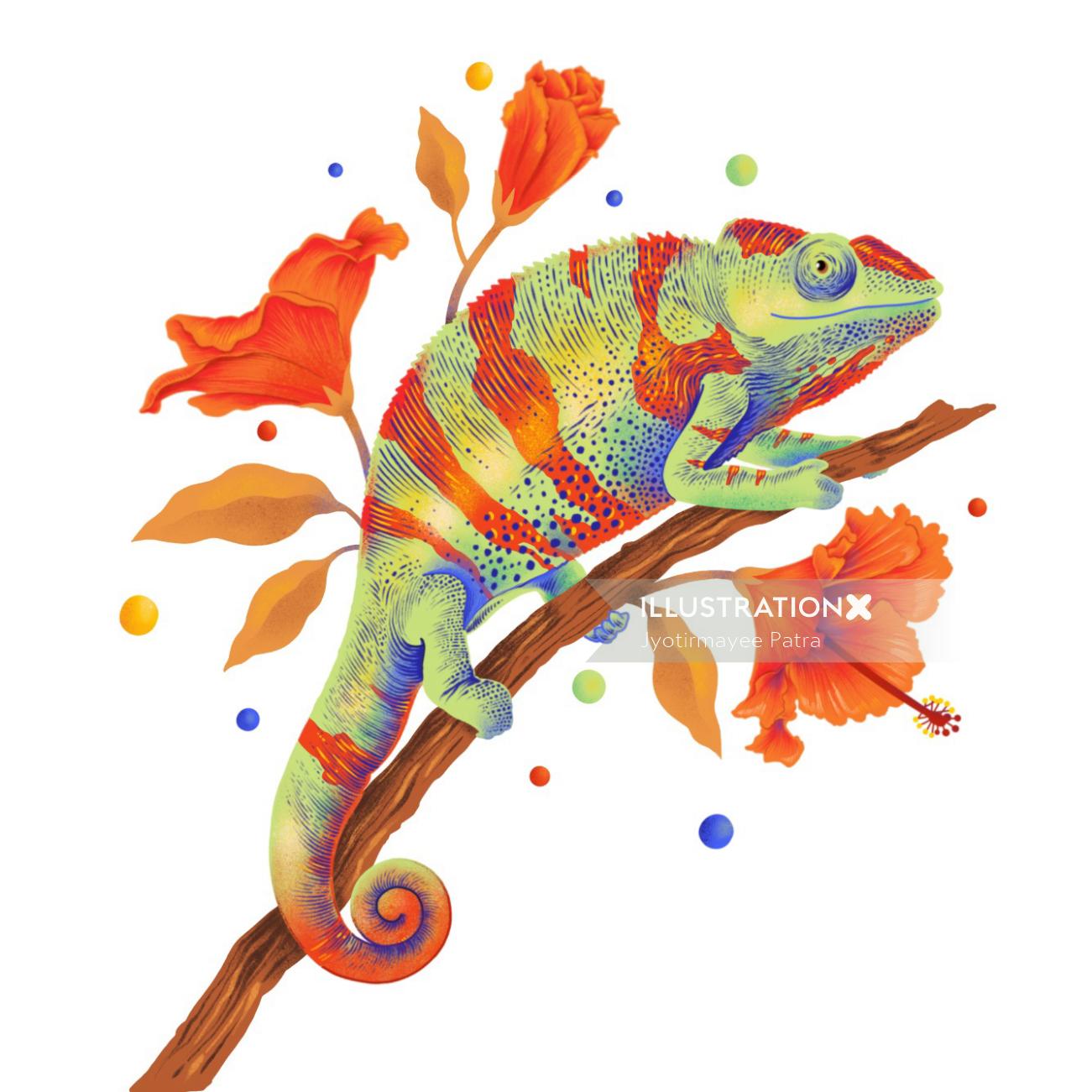 Ilustración de camaleón con colores vibrantes y texturas gráficas