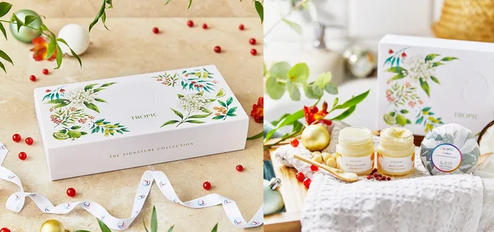 Festive packaging illustrations for Tropic Skincare 2021