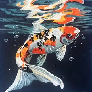 Koi fish with orange, black, and white colors swimming underwater