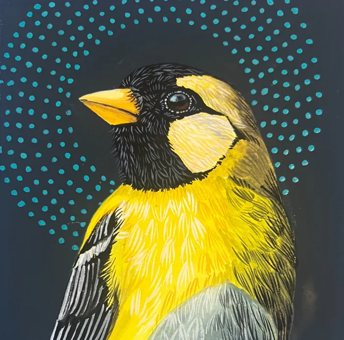Bright yellow bird illustration with blue dotted circular pattern background
