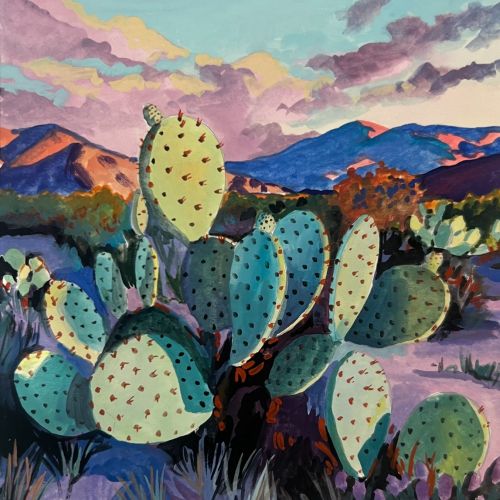 Illustration of prickly pear cactus with mountains and colorful sky